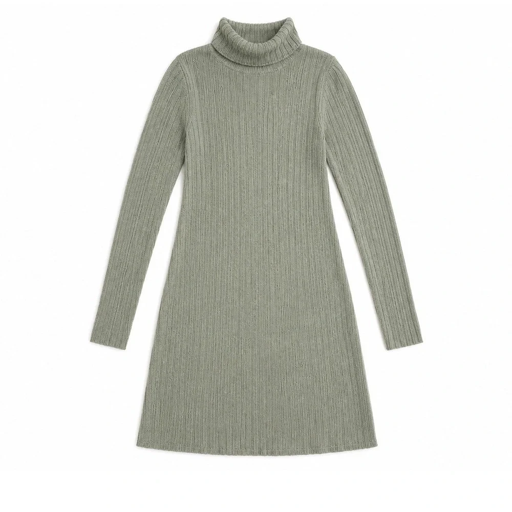 Oakgarden Turtleneck Mini Dress Ribbed Knit Sage Green Size Small Sweater Dress - Picture 2 of 4